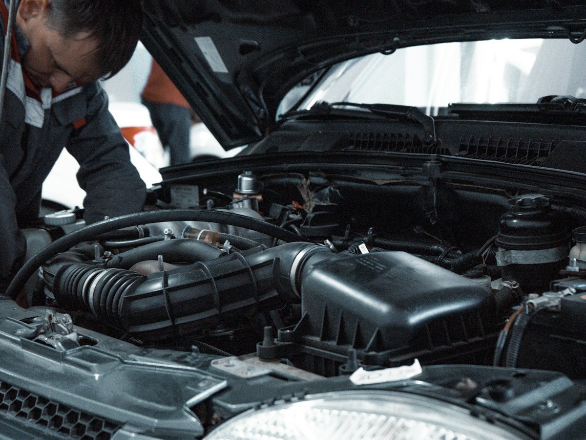 Wide view of an engine bay during service