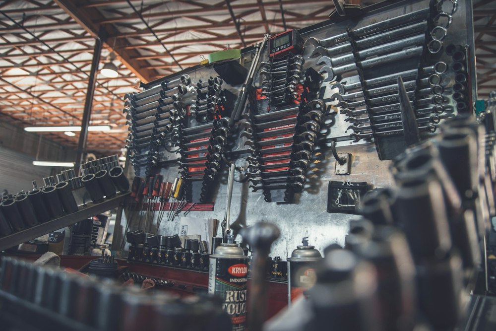 Organized tool wall in the Apex workshop
